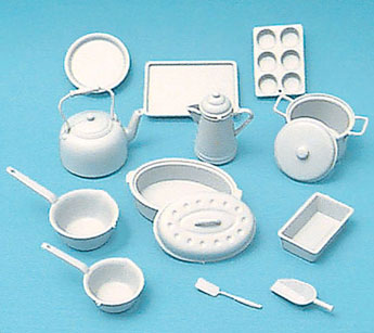 Dollhouse Miniature Cookware Kit, White, 14Pcs